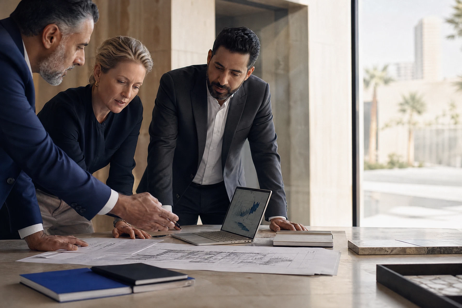 Business advisors working together around plans and a laptop